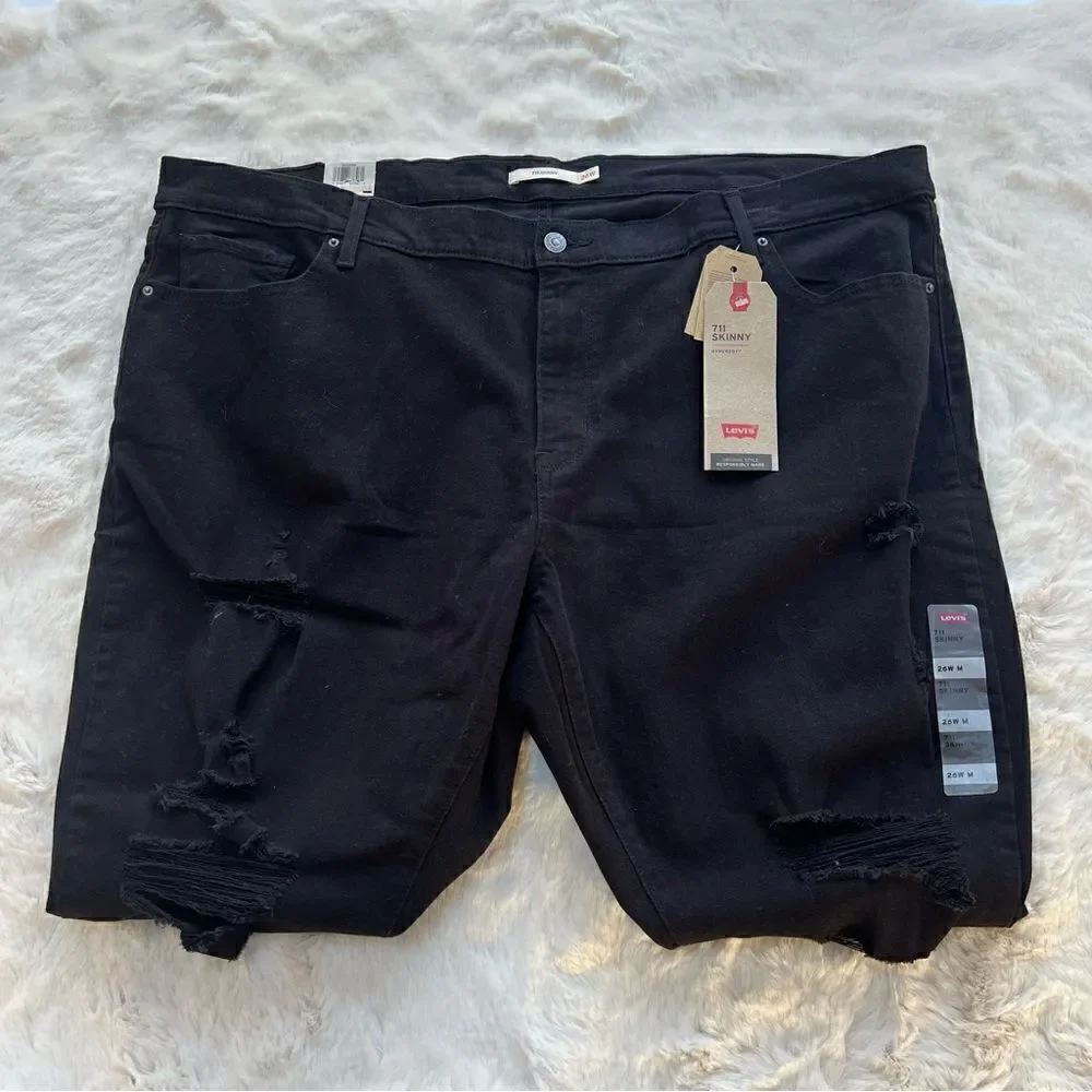 Levi’s 711 Distressed Skinny Jeans Black Denim Mid Rise 26W Plus Size NWT